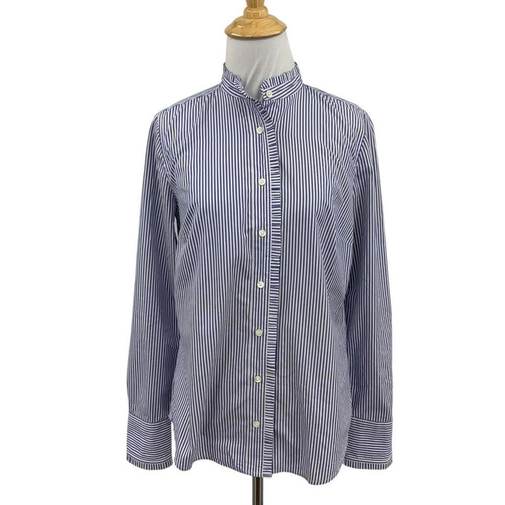 J Crew Shirt Womens 0 Periwinkle White Drapey Ruffle Trim Organic Cotton Striped